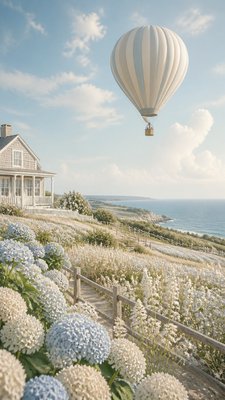 a hot air balloon drifting over rolling flower fields on a sunny day, cheerful, no text