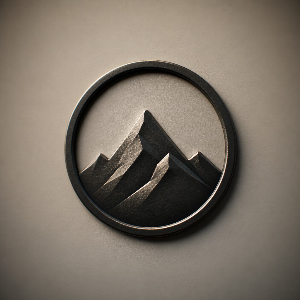 an emblem of a mountain peak inside a circle, simple bold shapes on a plain background, no text or lettering