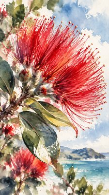 Create a poster of a puhutokawa tree flower 