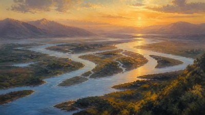 a wide river delta seen from above at sunset, no people