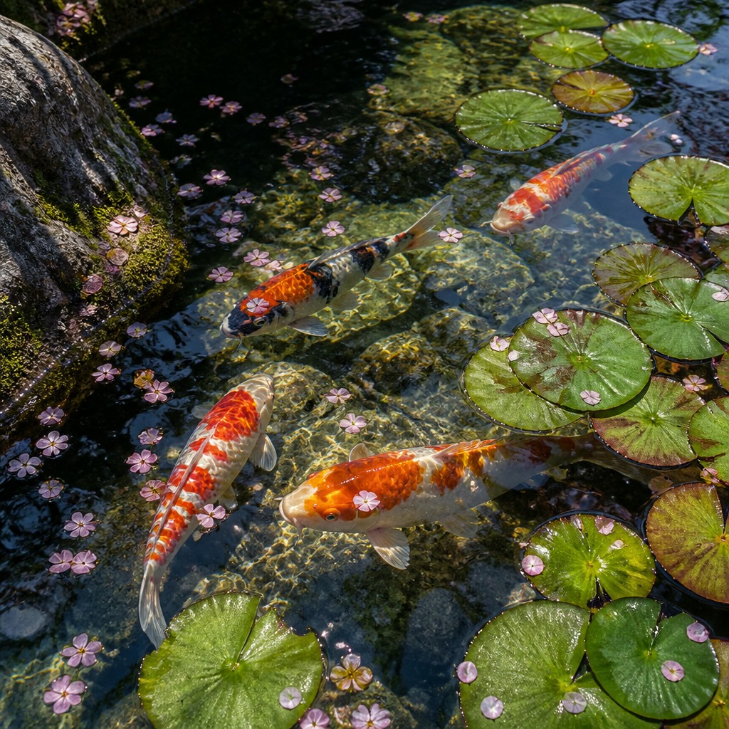 A koi pond seen from above, orange and white koi fish swimming among lily pads, clear water with subtle ripples, fallen cherry blossom petals floating on the surface, dappled sunlight