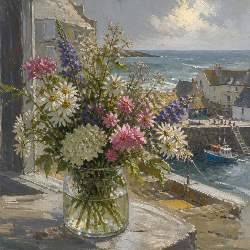 bouquet of flowers in a glass vase — Cornwall Plein Air Art Style