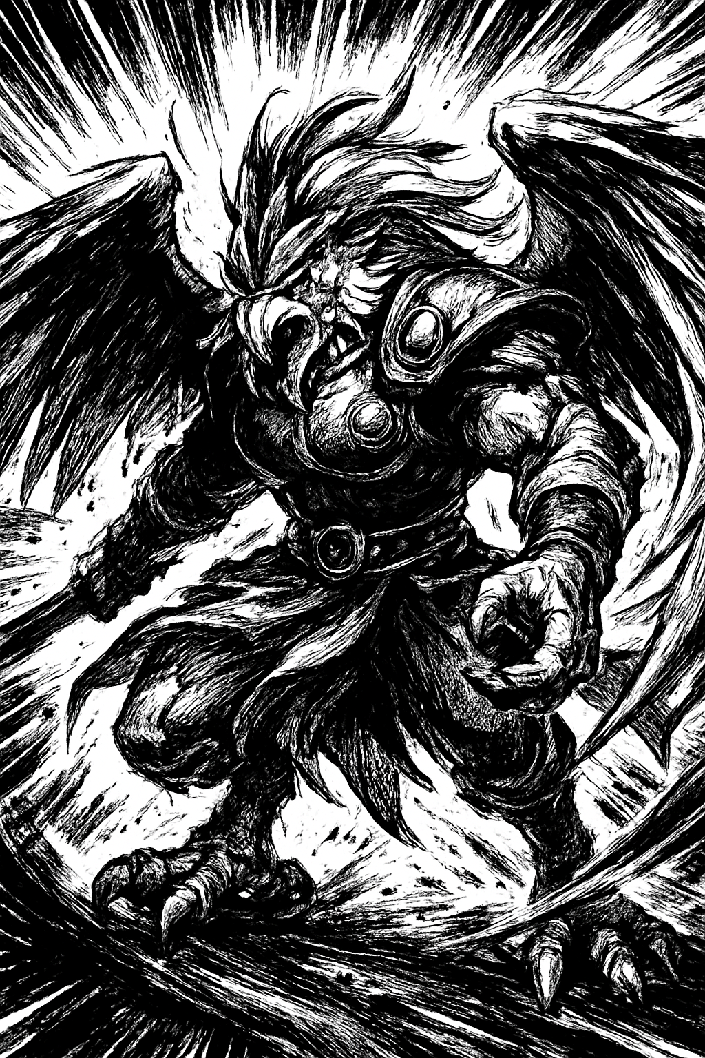 a black and white drawing of a demon