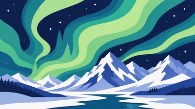 a flowing aurora over snowy peaks, wide sweeping composition, no people, no text