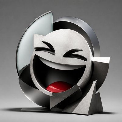 an exaggerated laughing face of an original round mascot character, bold and readable at small size, plain background, no text