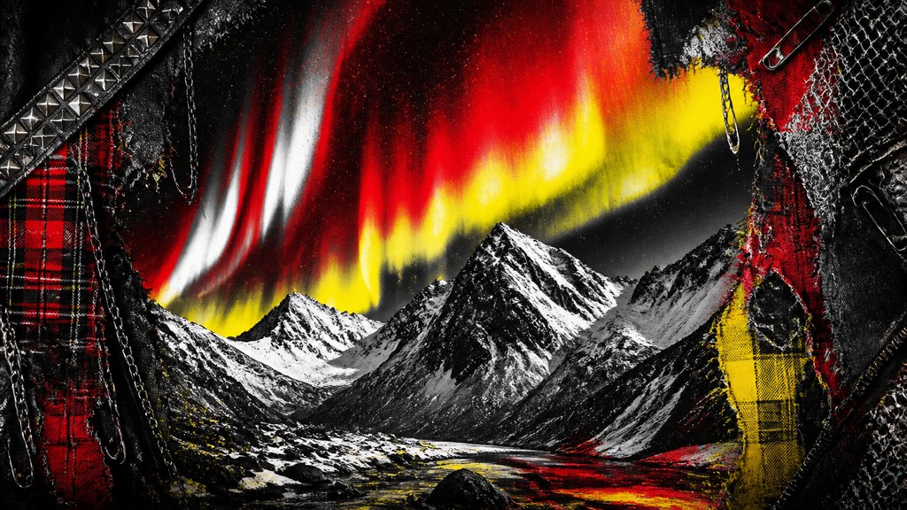 a flowing aurora over snowy peaks, wide sweeping composition, no people, no text