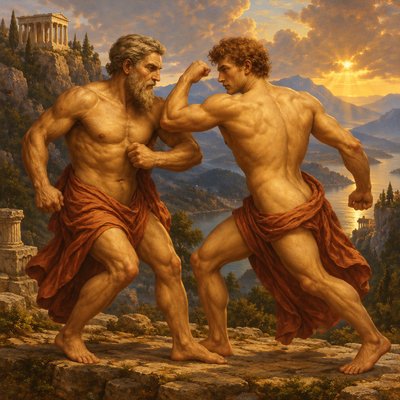 a painting of two men fighting each other