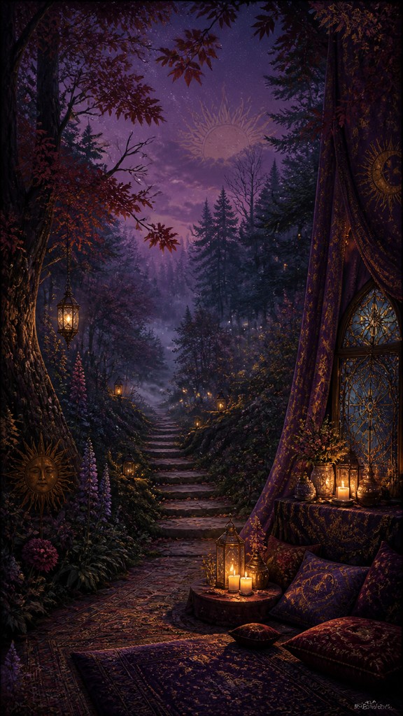 a mysterious forest path with fireflies and drifting mist, atmospheric vertical composition with open space at the top, no text