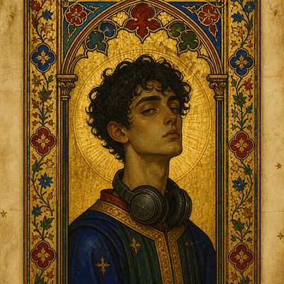 head-and-shoulders portrait of an original character: a young man with curly dark hair and headphones around his neck, plain backdrop, no text