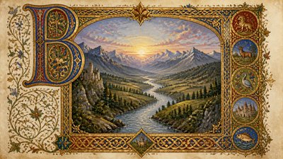 a vast valley with a river winding toward distant mountains at sunrise, no people, no text