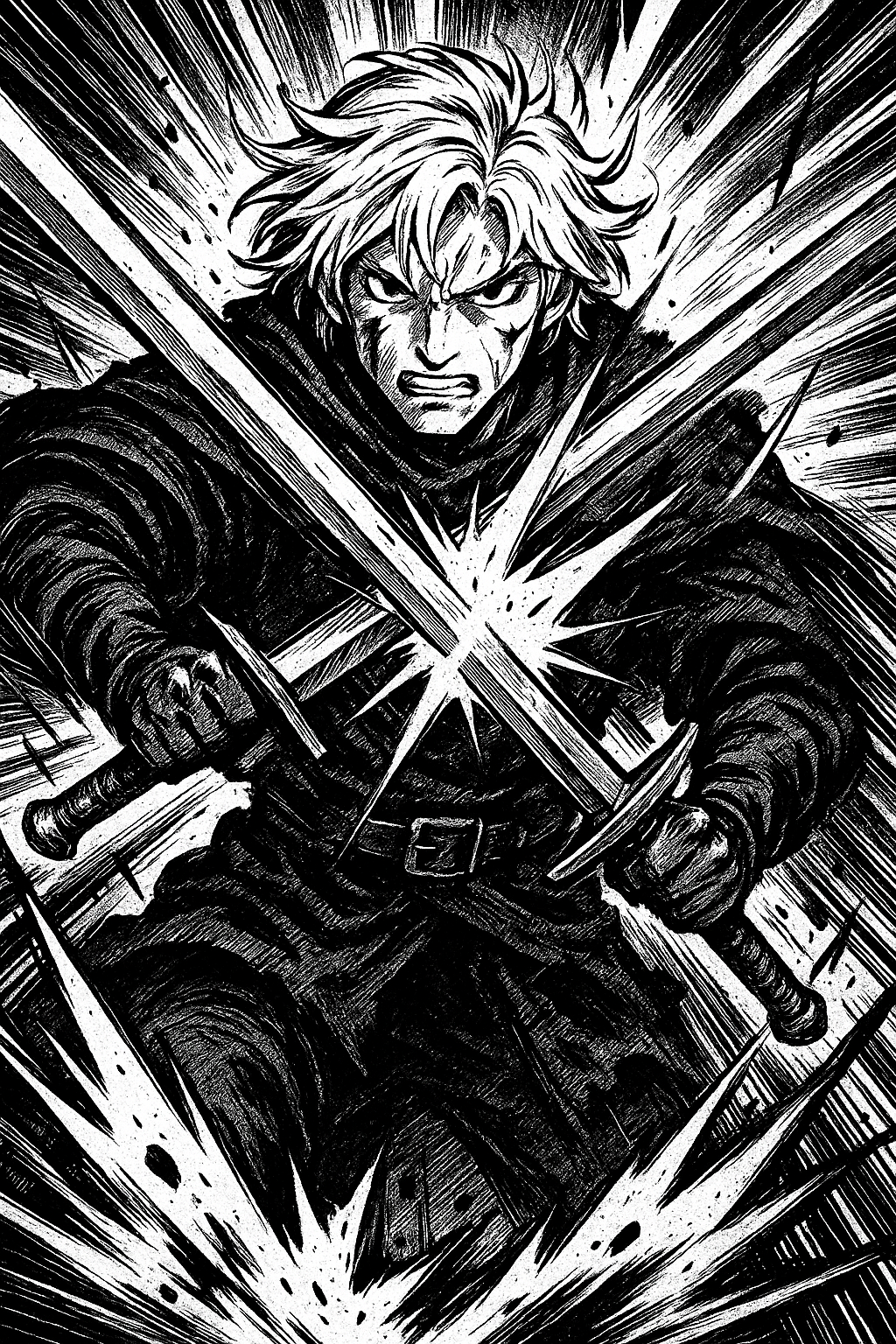 a painting of a man holding two swords