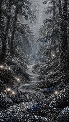 a mysterious forest path with fireflies and drifting mist, atmospheric vertical composition with open space at the top, no text