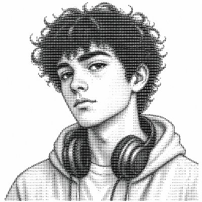 head-and-shoulders portrait of an original character: a young man with curly dark hair and headphones around his neck, plain backdrop, no text