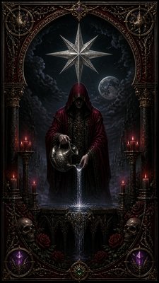 a robed figure pouring water beneath a large eight-pointed star in a night sky, symmetrical composition with an ornate decorative border, no text