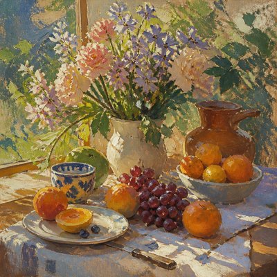 still life arrangement of fruits and flowers