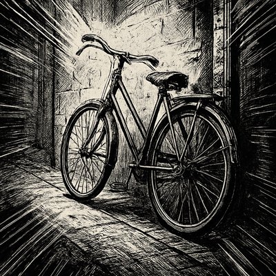 bicyle resting against a wall