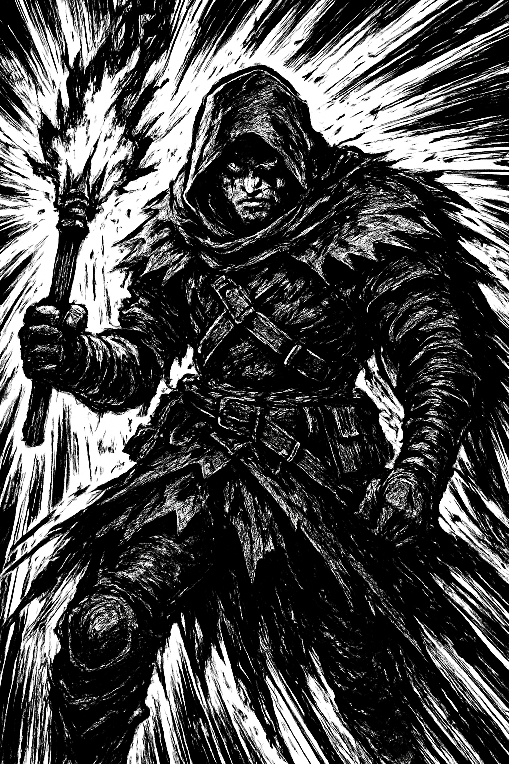 a black and white drawing of a man with a gun