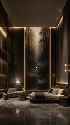 a mysterious forest path with fireflies and drifting mist, atmospheric vertical composition with open space at the top, no text
