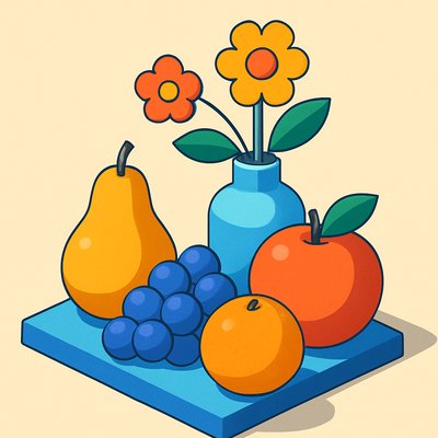 still life arrangement of fruits and flowers