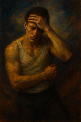 a painting of a man covering his eyes