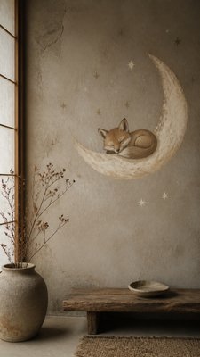 a sleeping baby fox curled on a crescent moon among soft stars, gentle and warm, no text