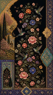 a climbing vine of flowers and hummingbirds on a dark background, tall wrapping composition, no text