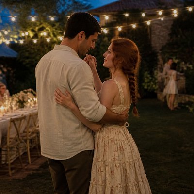an original couple dancing under string lights in a garden at dusk: a man with short black hair in a linen shirt and a woman with braided red hair in a summer dress