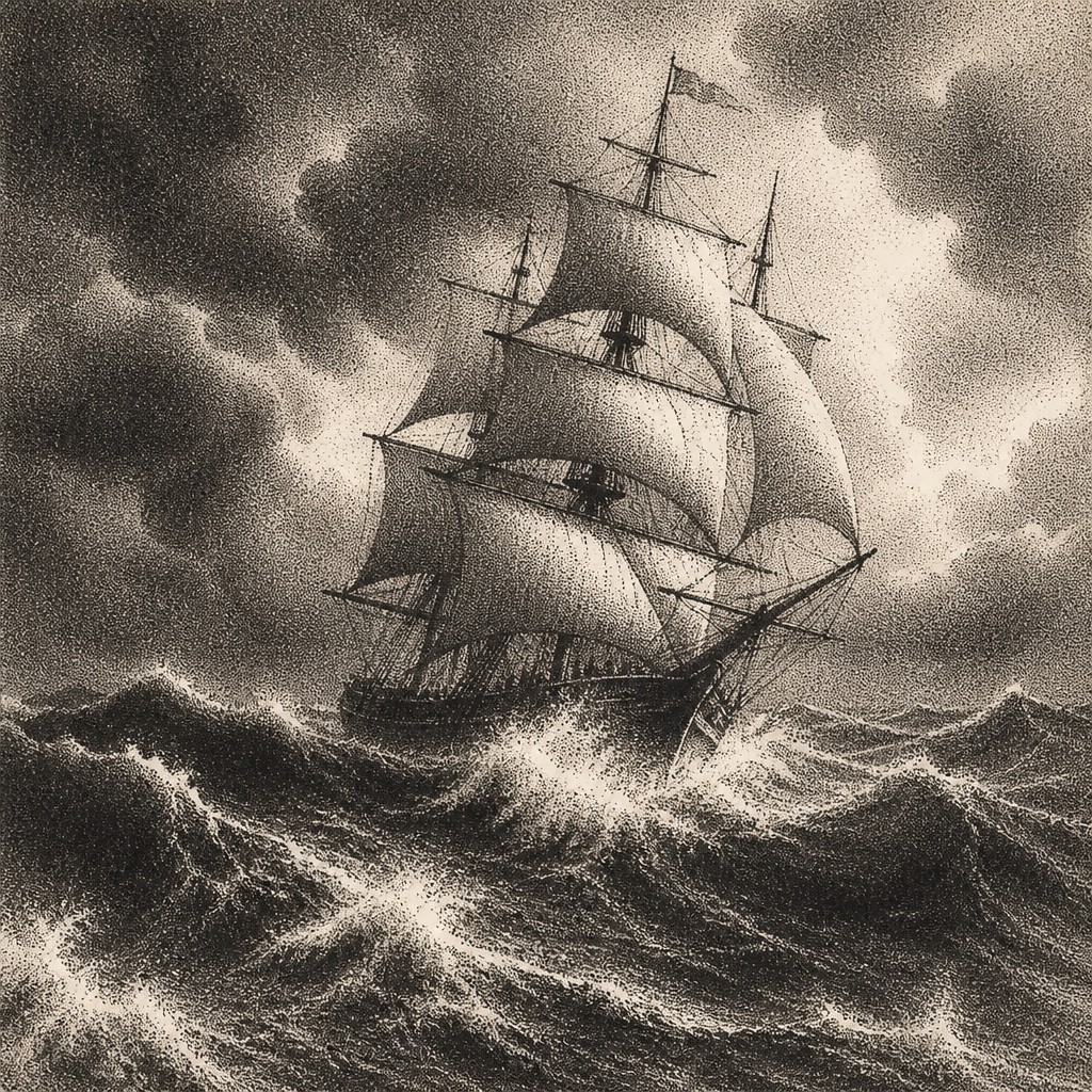 sailing ship on a stormy sea — Stippling Dotwork Style