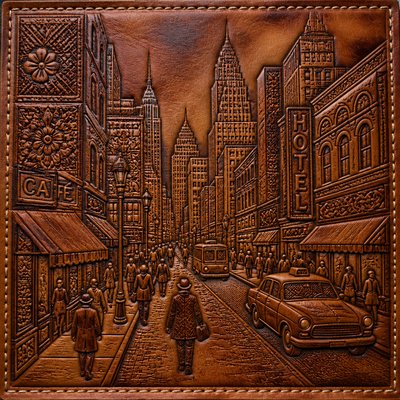 urban street with city activity — Leather Art Style