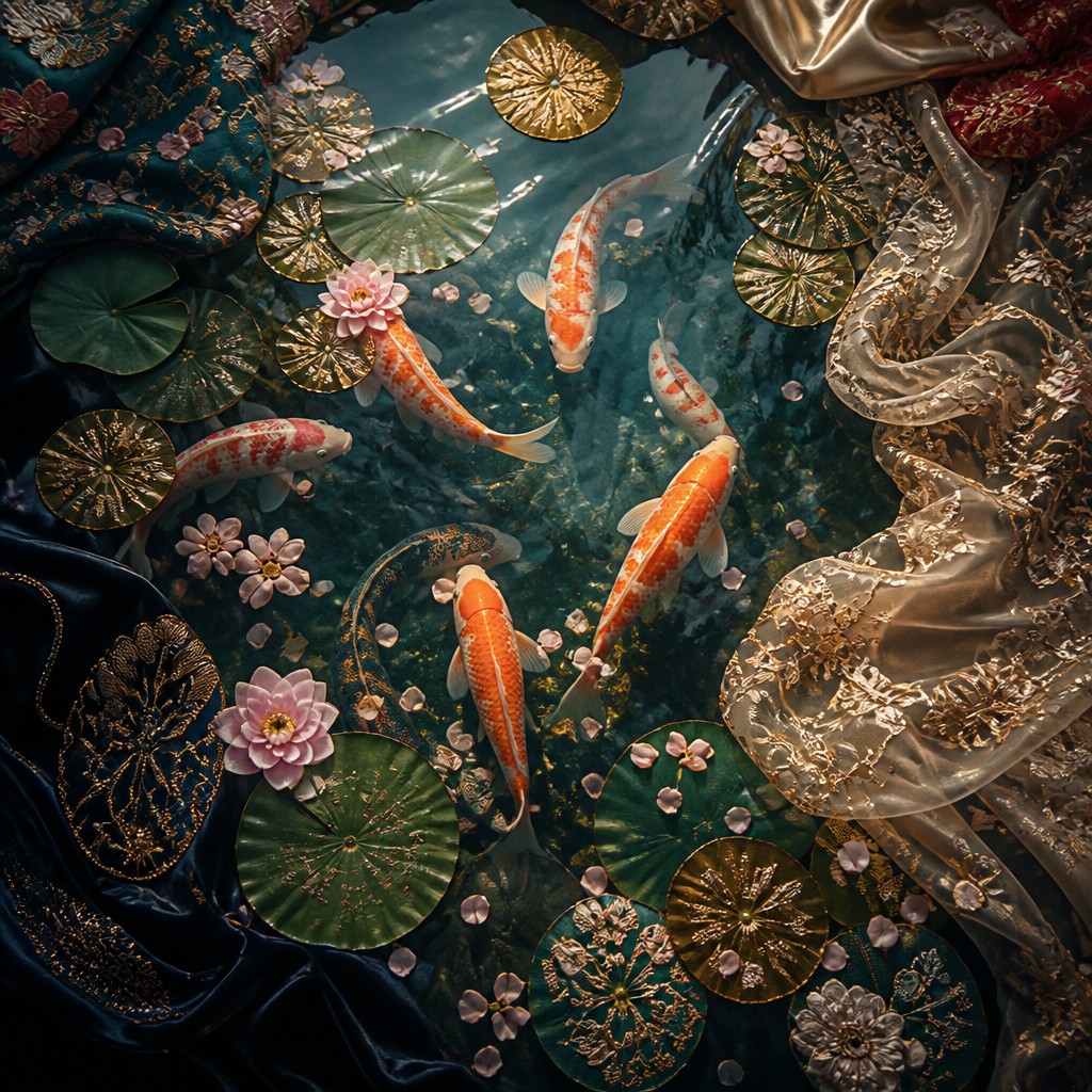 A koi pond seen from above, orange and white koi fish swimming among lily pads, clear water with subtle ripples, fallen cherry blossom petals floating on the surface, dappled sunlight