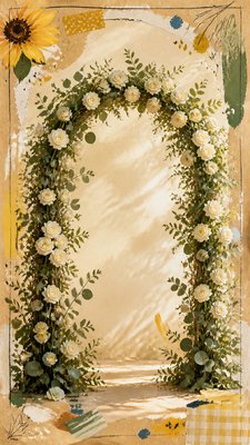 an arch of white roses and eucalyptus in soft morning light, elegant vertical composition with open space, no text