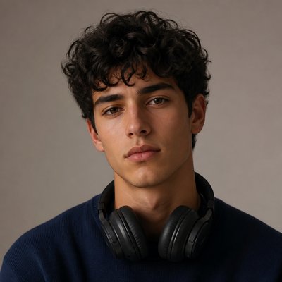 head-and-shoulders portrait of an original character: a young man with curly dark hair and headphones around his neck, plain backdrop, no text