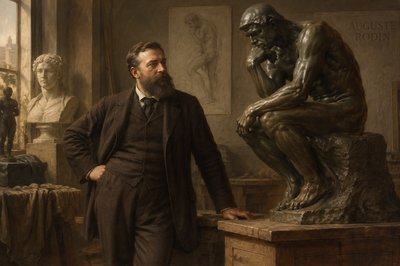 man standing by Rodin sculptor