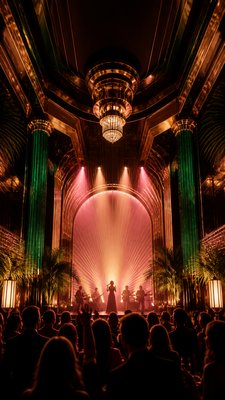 a live music scene with a glowing stage and silhouetted crowd, energetic vertical composition with open space at the top, no text