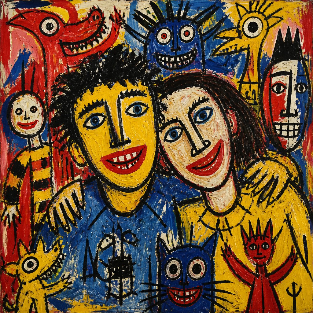 portrait of two people together — CoBrA Art Style