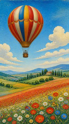 a hot air balloon drifting over rolling flower fields on a sunny day, cheerful, no text