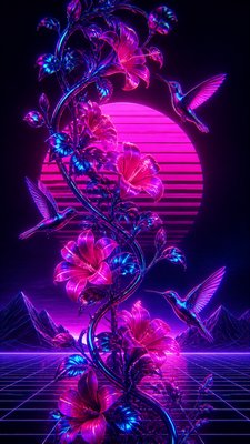 a climbing vine of flowers and hummingbirds on a dark background, tall wrapping composition, no text