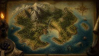 a map of an island realm with mountains, forests, a sheltered bay, sea monsters in the water and a compass rose, no text labels
