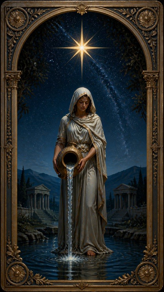a robed figure pouring water beneath a large eight-pointed star in a night sky, symmetrical composition with an ornate decorative border, no text