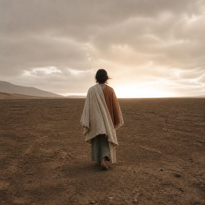 a solitary figure walking toward a glowing horizon across an empty plain, moody atmosphere, no text or lettering