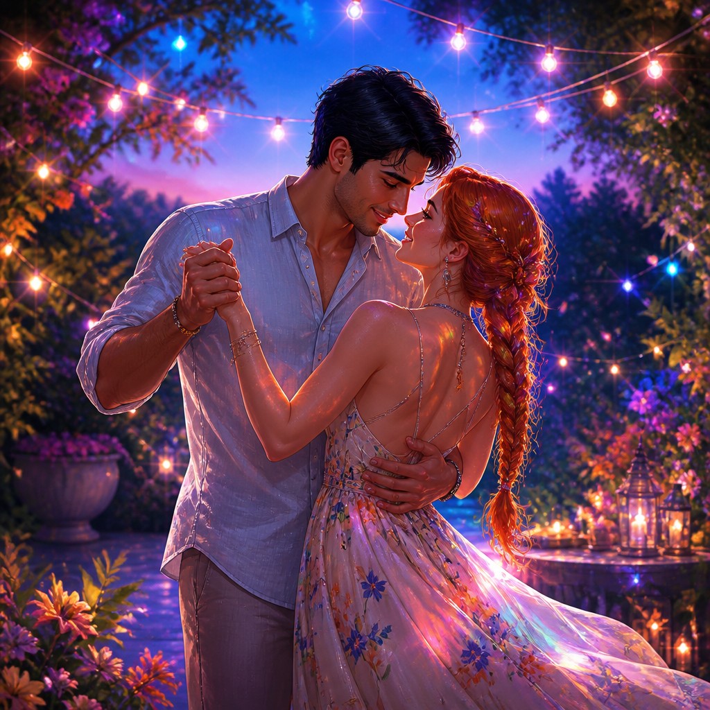 an original couple dancing under string lights in a garden at dusk: a man with short black hair in a linen shirt and a woman with braided red hair in a summer dress