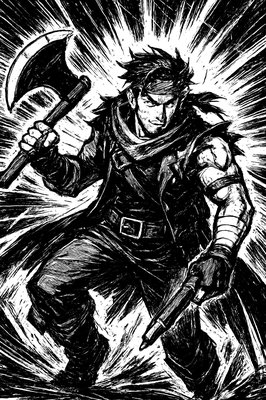 a drawing of a man with an axe