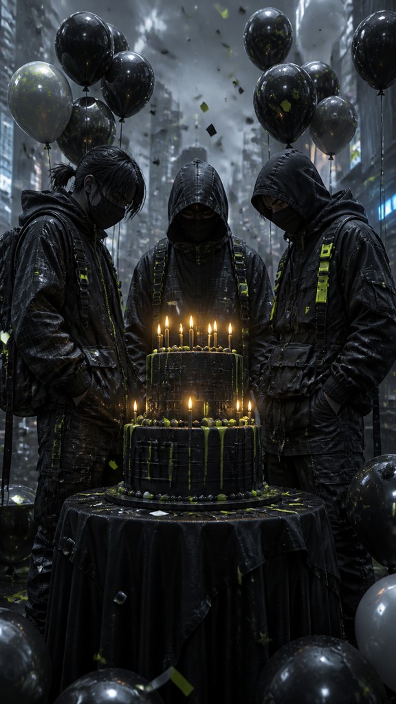 a birthday cake with lit candles surrounded by balloons and confetti, festive vertical composition, no text