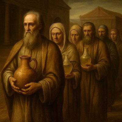 Renaissance Painting Art Style, a solemn and reverent group of ancient Israelites, including elderly men and women, walking purposefully. Each carries beautifully crafted clay jars or alabaster flasks filled with pure, clear, golden oil of pressed olives. The oil shimmers with an ethereal clarity within the translucent vessels. They are making their way along a dusty path in the Tabernacle courtyard, with glimpses of the Tabernacle structure in the background. The light is soft and warm, casting gentle shadows and highlighting the dignified expressions on their faces and the humble, yet sacred, nature of their offering. Focus on the rich textures of their simple linen garments, the liquid clarity and glow of the olive oil, and the devotional atmosphere of their task.