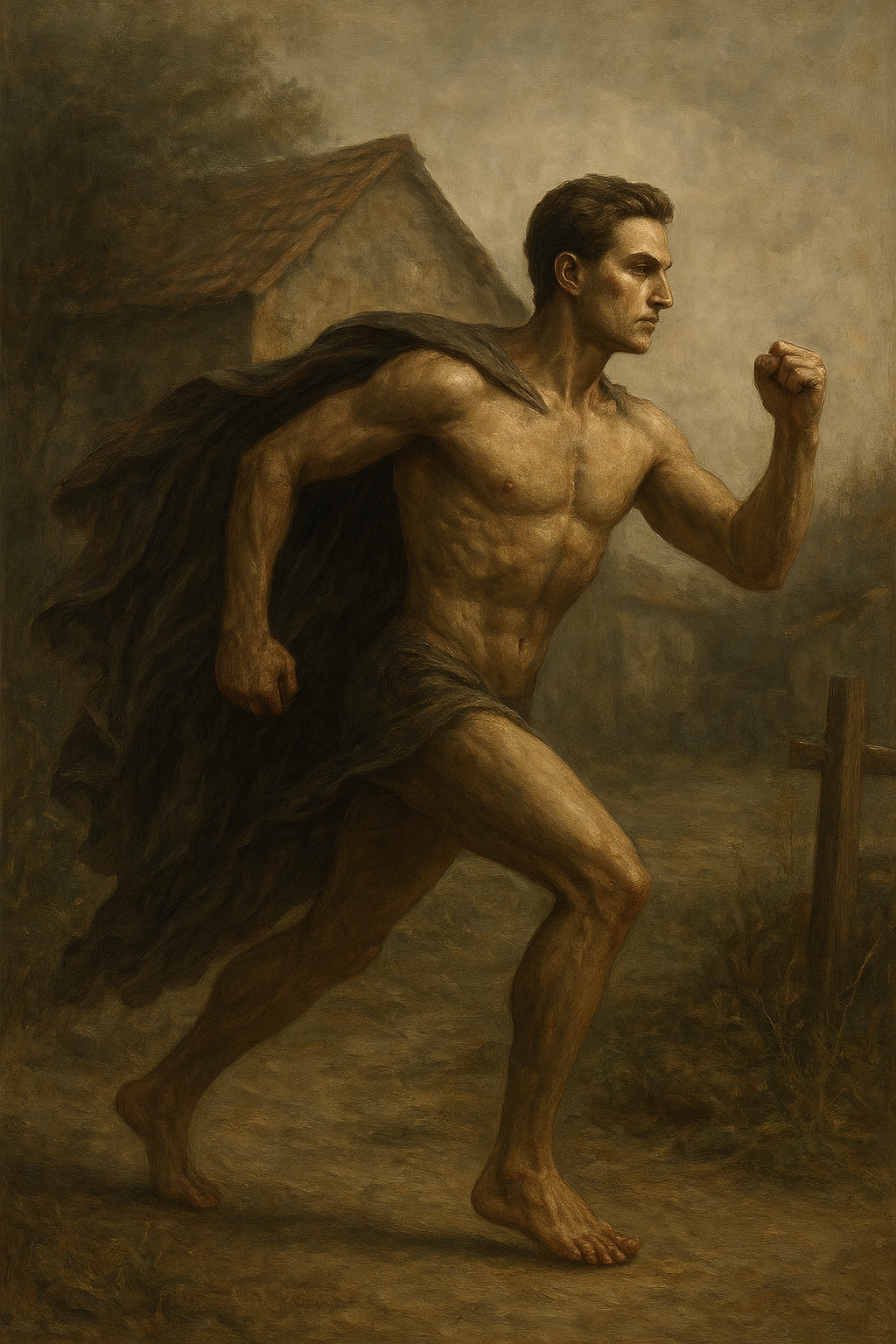 a painting of a man with a cape running