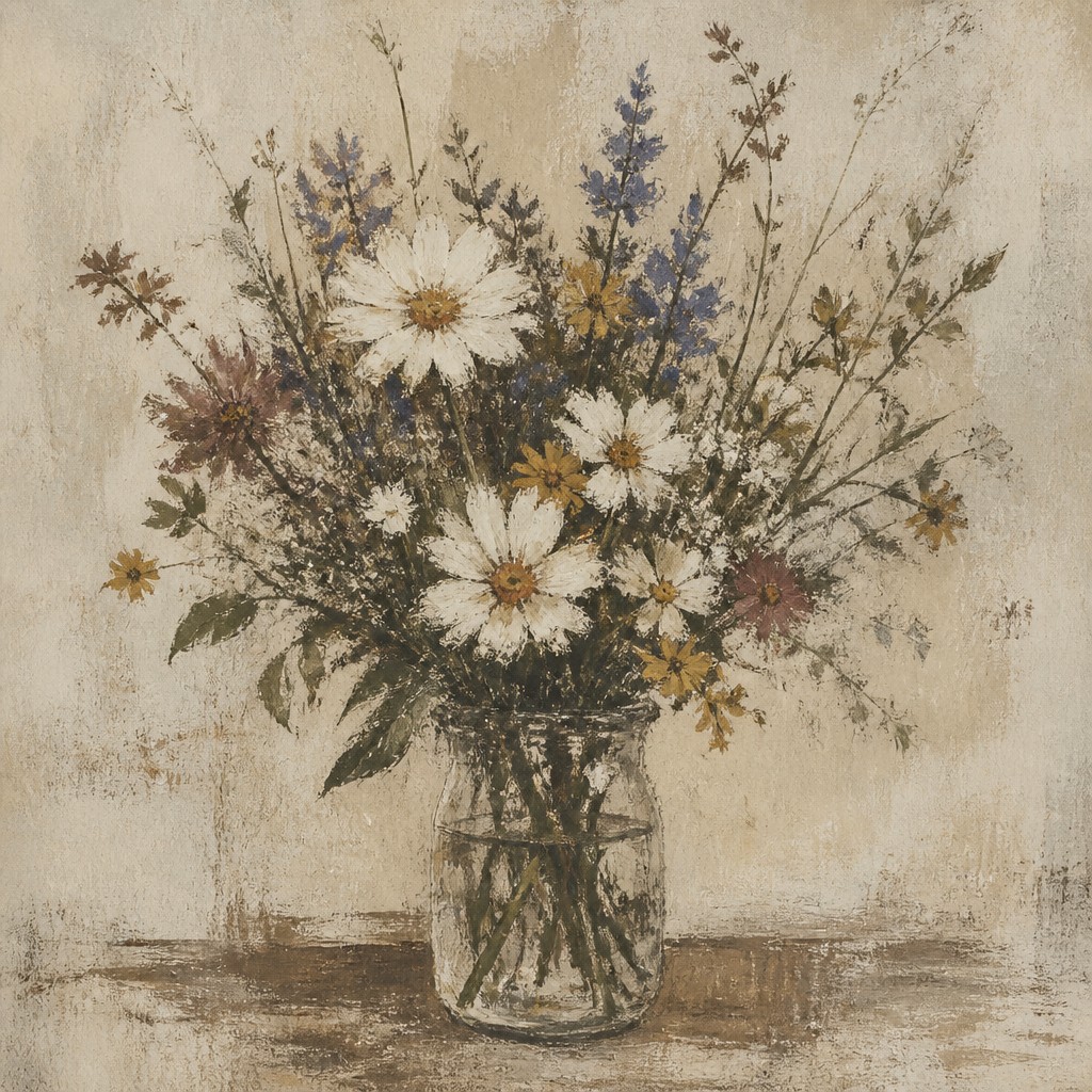 bouquet of flowers in a glass vase — Dry Brush Painting Style