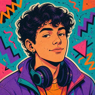 head-and-shoulders portrait of an original character: a young man with curly dark hair and headphones around his neck, plain backdrop, no text
