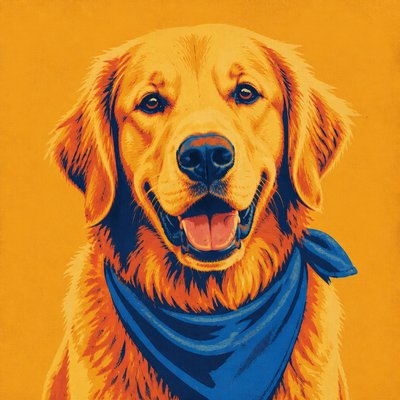 portrait of a golden retriever wearing a blue bandana, warm plain backdrop, no text
