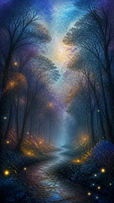 a mysterious forest path with fireflies and drifting mist, atmospheric vertical composition with open space at the top, no text