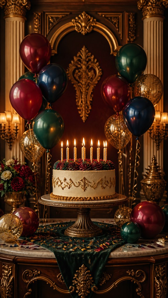 a birthday cake with lit candles surrounded by balloons and confetti, festive vertical composition, no text